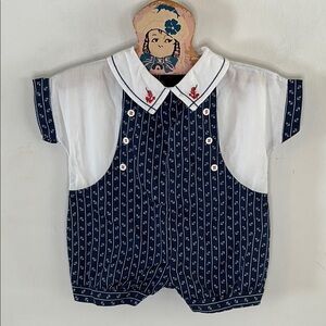 Vintage Tiny Tots navy white anchor print sailor nautical outfit Size 3-6 months